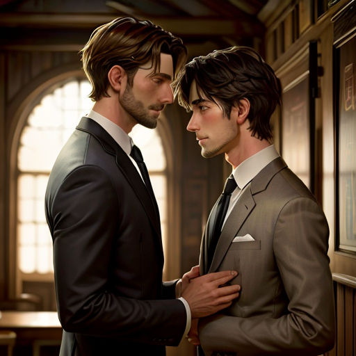 two men in suits standing next to each other in a room with windows and a clock on the wall