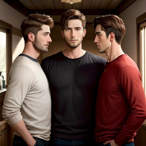 three men standing next to each other in a kitchen with a window behind them and a ceiling fan in the background