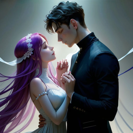 a man and a woman are standing together in front of a wall with a light shining on them and a purple hair