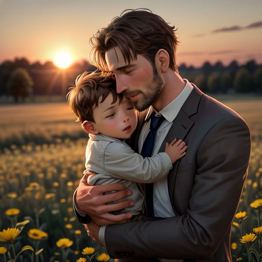 a man holding a small child in a field of flowers at sunset with the sun setting behind him and the sun shining