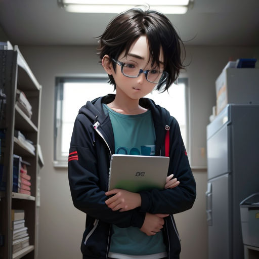 a young boy wearing glasses and holding a laptop computer in a room with shelves of files and files on the walls