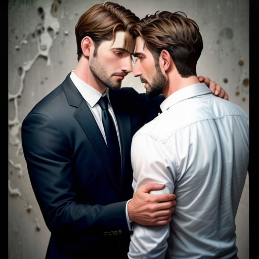 two men in suits are hugging each other in a photo studio with a grungy background and a wall
