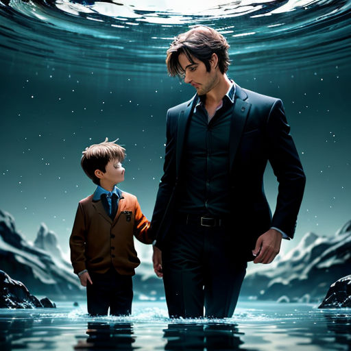 a man and a boy standing in water with a sky background and a wave coming from them to the water