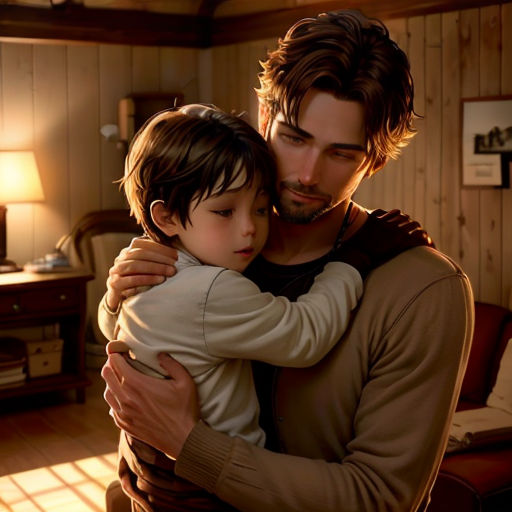 a man holding a child in a room with wood walls and a lamp on the side of the wall