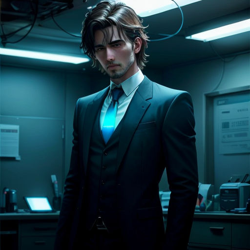 a man in a suit and tie standing in an office cubicle with a computer monitor on the wall