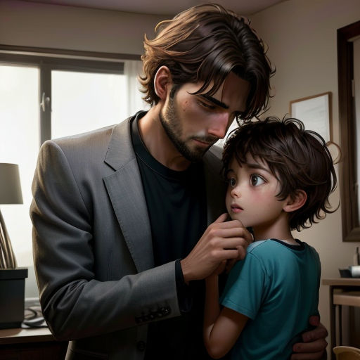 a man helping a young boy put on his tie in a room with a window and a lamp on