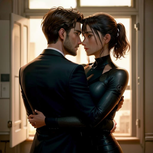 a man and a woman in a black dress are embracing each other in front of a window with a city view