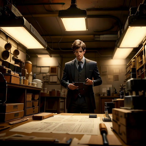 a man in a suit standing in a room with lots of boxes and papers on the table and a light above him