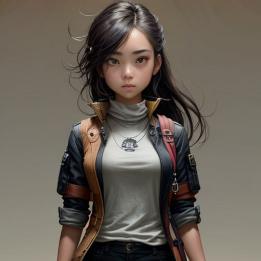 a woman with a jacket and a white shirt and jeans and a backpack on her shoulder and a brown jacket