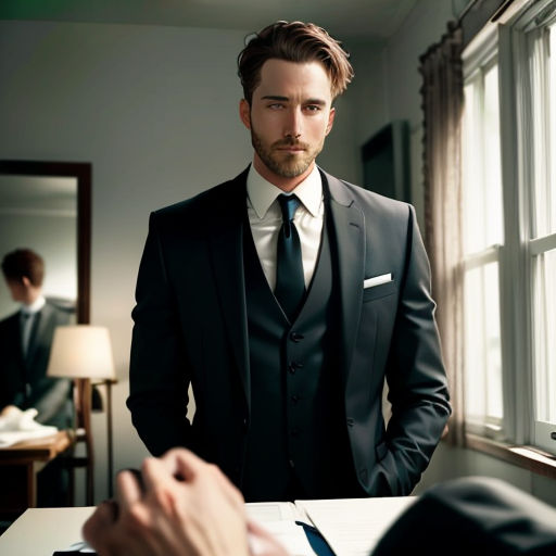a man in a suit is standing in front of a desk and a man in a suit is talking to him