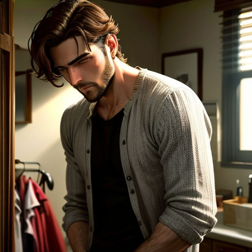 a man in a bathroom with a beard and a sweater on, looking down at his shirt and a sink
