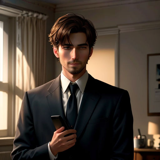 a man in a suit holding a cell phone in his hand and looking at the camera with a serious look on his face