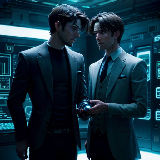 two men in suits standing in a room with servers in the background and a blue light shining on them