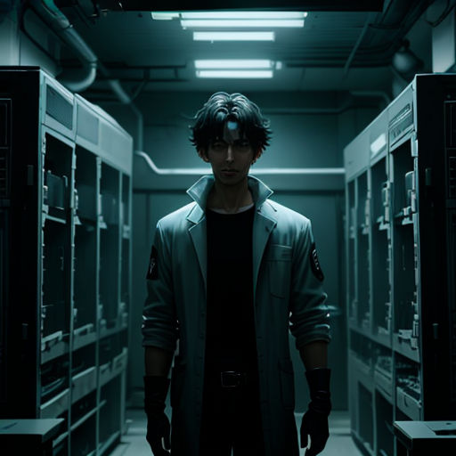 a man standing in a room with lots of servers in it's walls and a black coat on