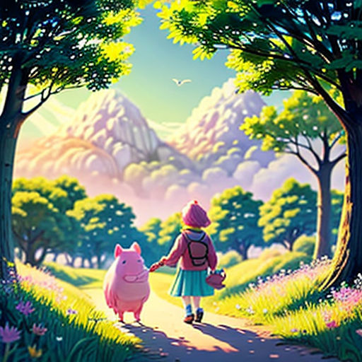 a girl walking down a path with a pig on her back and a mountain in the background, with a forest and flowers