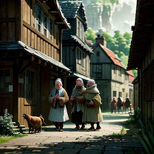 a group of people walking down a street next to a dog and a house with a castle in the background