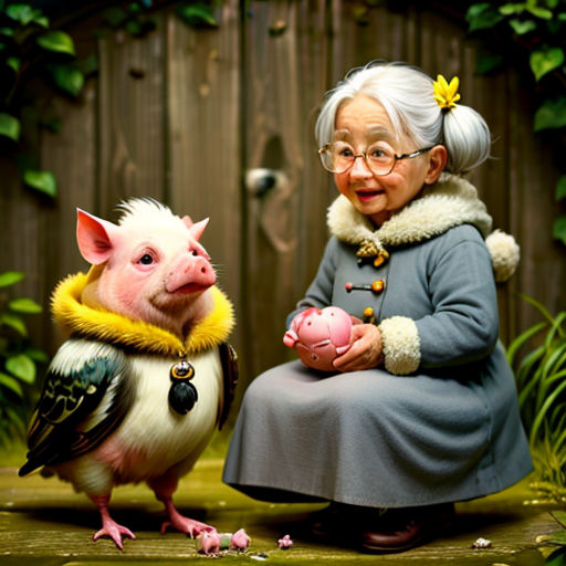 a woman sitting next to a pig on a wooden floor next to a fence with a bird on it