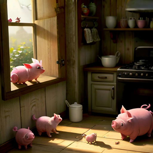 a group of pigs standing in a kitchen next to a window and a stove top oven with a pot on it
