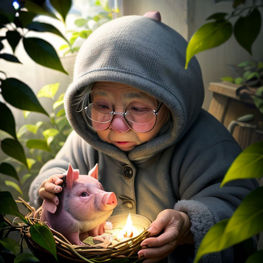 a little girl holding a pig in a basket with a candle in it's mouth and a small pig in the other hand