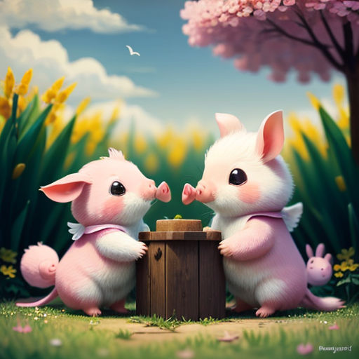 two little pigs are standing next to a wooden box in the grass and flowers, one of them is touching the other's nose