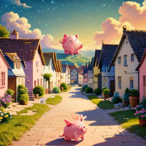 a pig flying over a small town with a pig flying over it's head in the air above a sidewalk