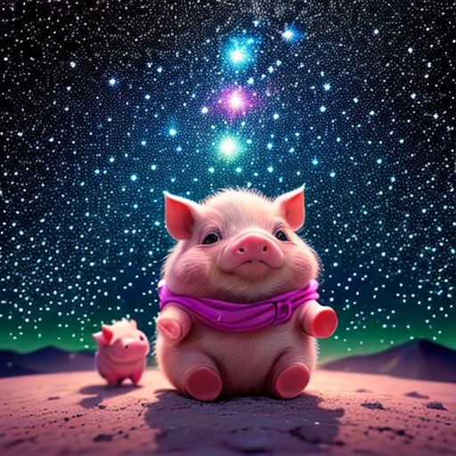 a pig and a pig pig sitting on a hill with stars in the sky above it and a pig in a scarf