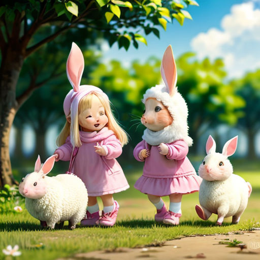 a group of three little girls standing next to each other in a field with two rabbits and a sheep