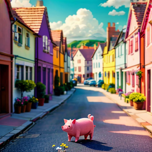 a pig is standing in the middle of a street with houses in the background and a flower in the middle of the street
