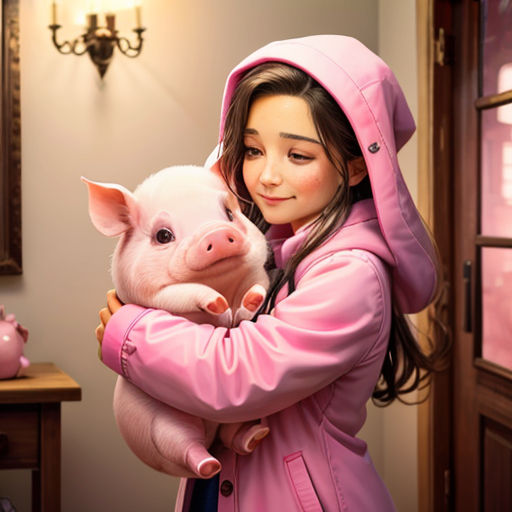 a girl in a pink jacket holding a pig in her arms and smiling at the camera with a mirror behind her