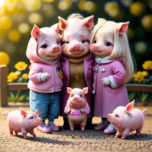 a group of pigs standing next to each other on a field of flowers and grass with a fence in the background