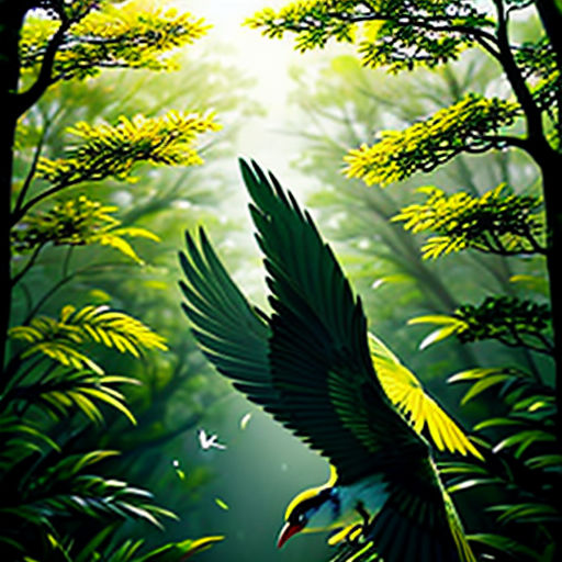 a bird flying through a forest filled with trees and plants with a bright light coming through the trees and leaves