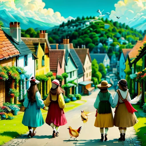 three girls walking down a street with a dog and a chicken in hand, and a bird flying over them