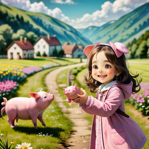 a little girl holding a pig in a field of flowers and flowers with a house in the background and a mountain range in the background