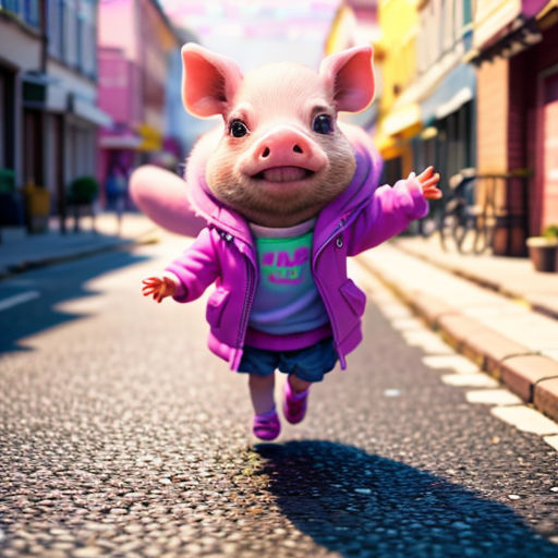 a little pig is running down the street in a purple jacket and a pink jacket on it's head