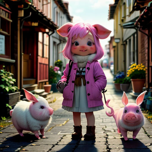 a little girl standing next to two pigs on a sidewalk in a town with buildings and flowers on either side of her