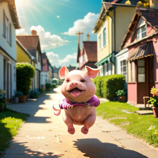 a pig is flying through the air in a neighborhood with houses and a sidewalk in the background and a sun shining on the houses