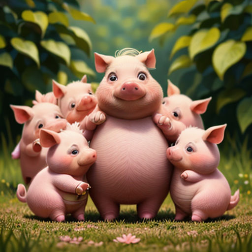 a group of pigs standing in the grass with a piggy on its back and a pig on its back