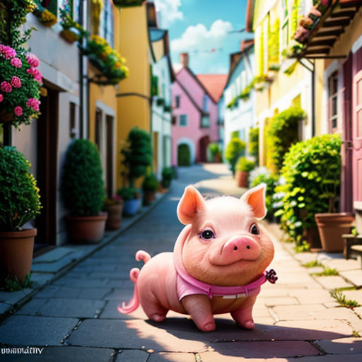 a pig is standing on a cobblestone street in a town with flowers and potted plants on either side of the street