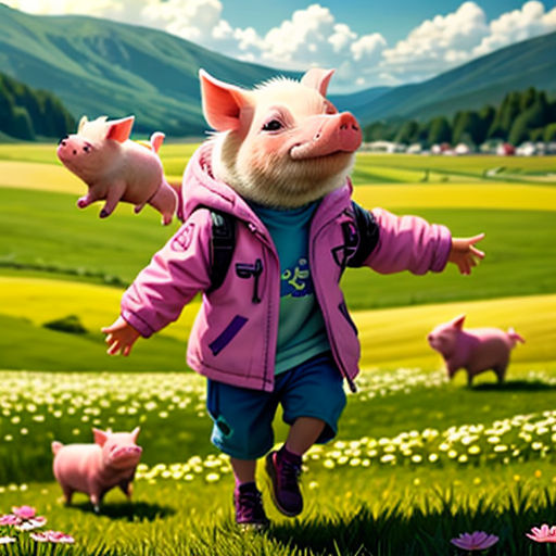 a pig is running through a field with pigs in it's arms and a girl in a pink jacket is running behind her