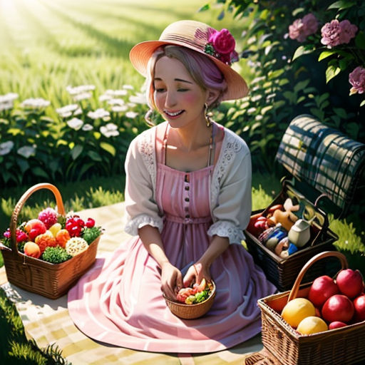 a painting of a woman sitting on a blanket with a basket of fruit in front of her and a picnic basket in the background