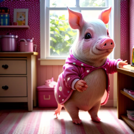 a pig in a pink pajamas standing in a room with a desk and a window with pink curtains and pink polka dots