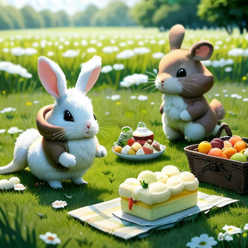 a painting of two rabbits sitting in the grass with a cake and a basket of fruit in front of them