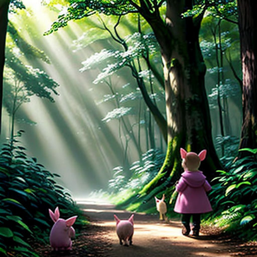 a painting of a little girl and her three little pigs walking in the woods with sunlight streaming through the trees
