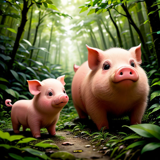 two pigs standing in the middle of a forest with a path leading to them and a forest background with green leaves