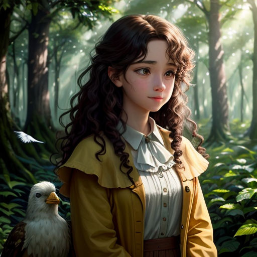 a painting of a girl in a yellow coat and a bird in a forest with trees and grass and sunlight