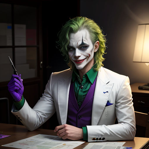 a man dressed as the joker holding a cell phone and a pair of scissors in his hand while sitting at a desk