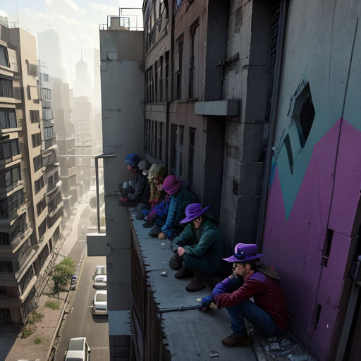 a group of people sitting on a ledge next to a building with a mural on it's side