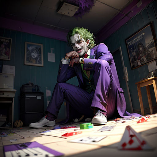 a man dressed as the joker sitting on the floor in a room with a lot of cards and a clock
