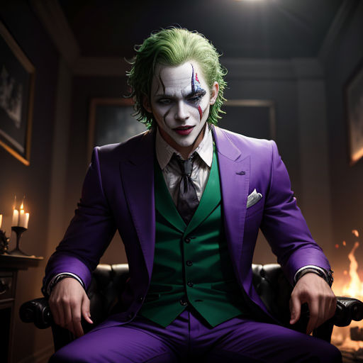 a man dressed in a purple suit and green tie sitting in a chair with a lit fireplace in the background