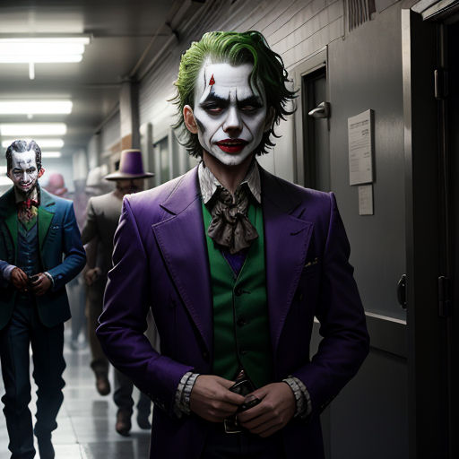 a group of people dressed up as the jokers in a hallway with a man in a suit and a woman in a top hat